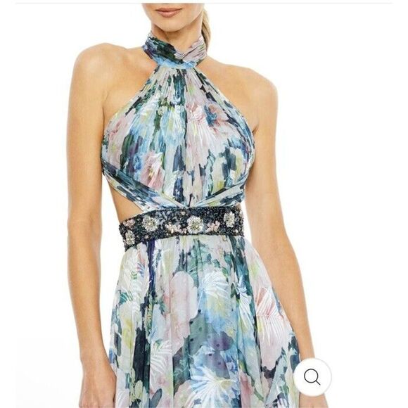 Mac Duggal Floral Halter Cut Out Evening Gown Beaded Belt Ruffle Dress Sz 12 NWT - Picture 9 of 9